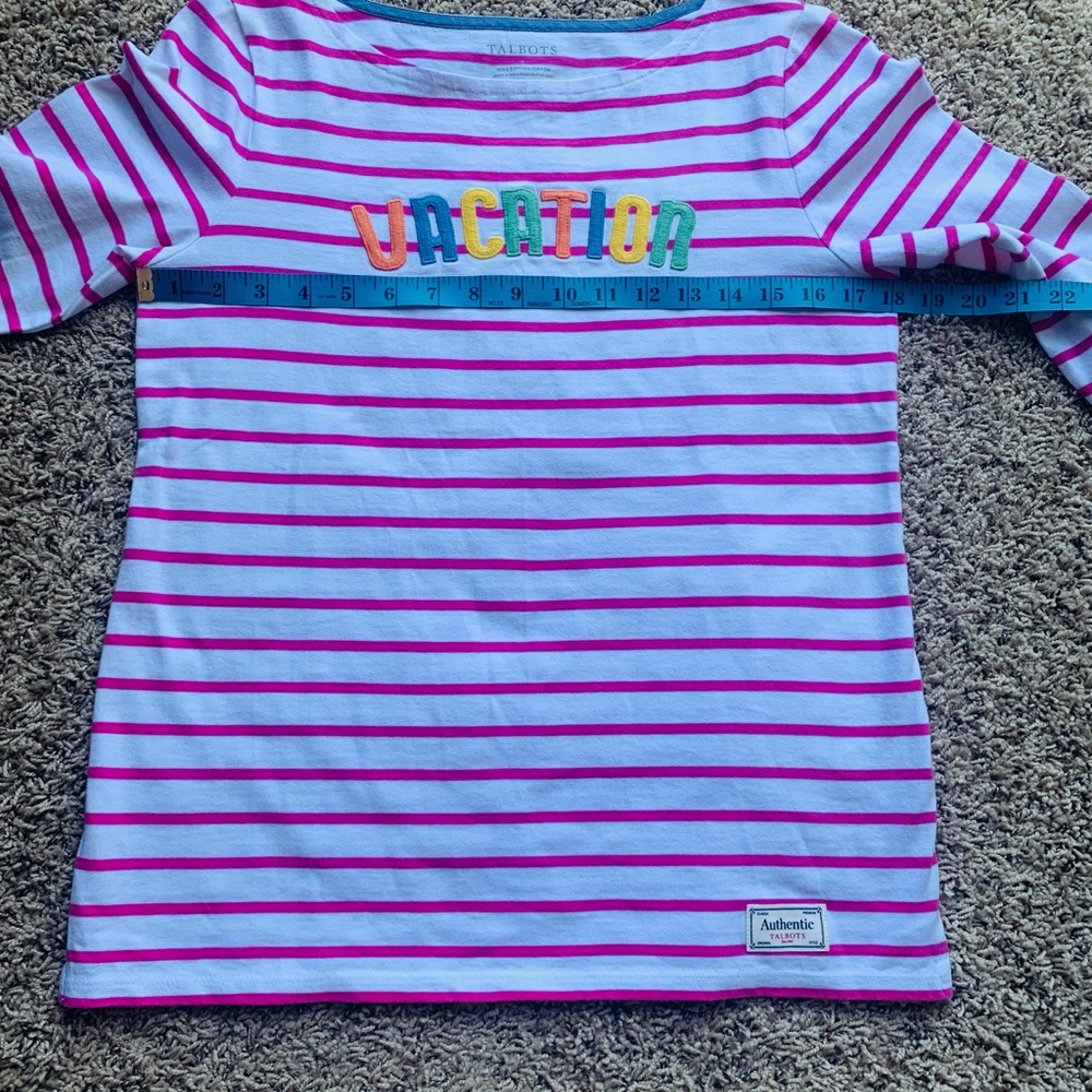 Talbots White Pink Striped Vacation Embroidered Knit  3/4 Sleeve Tee Like New - Picture 7 of 8